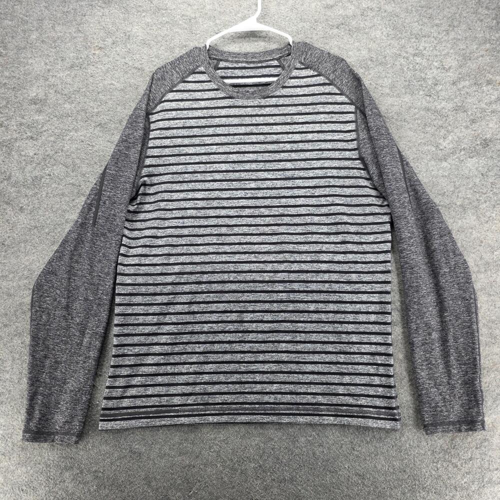 Lululemon Shirt Mens Large Gray Black Striped Long Sleeve Performance Athletic